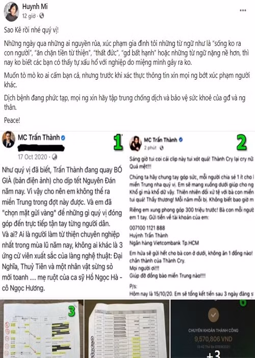 Huỳnh Mi - em gái của Trấn Thành cũng lên tiếng. Cô chia sẻ khi anh trai công khai bản sao kê: "Những ngày qua những ai xúc phạm gia đình tôi những từ ngữ như là sống không ra con người, ăn chặn tiền từ thiện, thất đức, gia đình bất hạnh hoặc những từ ngữ nặng nề hơn, thì nay không biết các bạn có thấy tự xấu hổ với nghiệp do miệng mình gây ra không. Muốn tò mò không ai cấm bạn cả, nhưng trước khi xác thực thông tin xin mọi người bớt xúc phạm người khác”. Ảnh: Yan