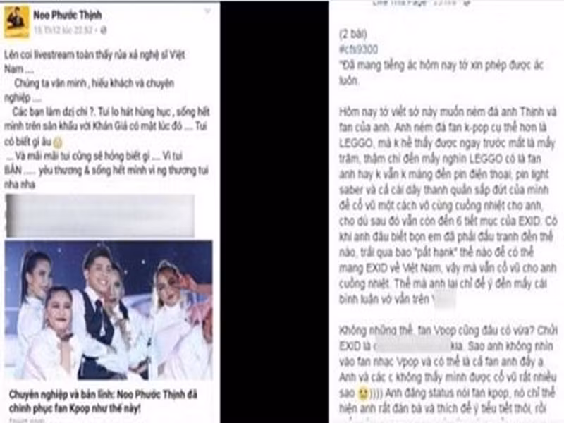 Năm 2016, sau khi đứng chung sân khấu với nhóm nhạc Hàn Quốc EXID, Noo Phước Thịnh viết đầy ẩn ý: “Lên coi livestream toàn thấy rủa xả nghệ sĩ Việt Nam. Chúng ta văn minh, hiếu khách và chuyên nghiệp. Các bạn làm vậy chi, tôi lo hát hùng hục, sống hết mình trên sân khấu với khán giả có mặt lúc đó. Tui có biết gì đâu. Và mãi mãi tui cũng sẽ không biết gì. Vì tôi bận, yêu thương và sống hết mình vì người thương tui nha”. Không ít người đặt nghi vấn status của Noo Phước Thịnh "đá xéo" các fan của EXID - nghệ sĩ nước ngoài duy nhất tham gia biểu diễn trong sự kiện. Ảnh: Vietnamnet