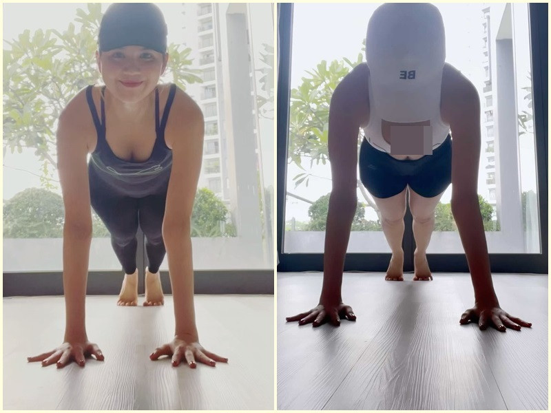 Trang phục thể thao của Ngọc Trinh thường bó sát giúp cô dễ dàng tập luyện đồng thời phô diễn đường cong hình thể gợi cảm.