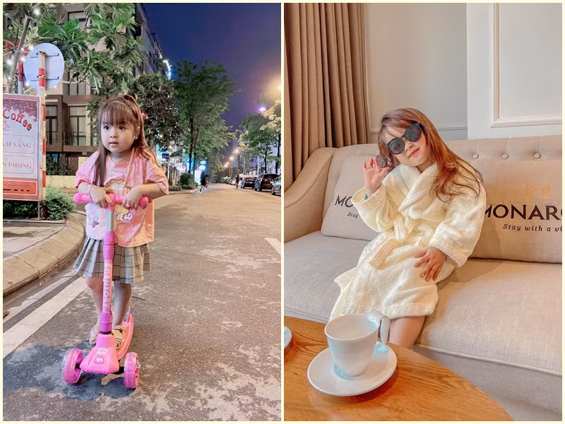 Nhóc tì nhà Duy Nam sinh năm 2017, có vẻ ngoài vô cùng xinh xắn với mái tóc dài nhuộm màu, gương mặt bầu bĩnh, làn da trắng hồng.