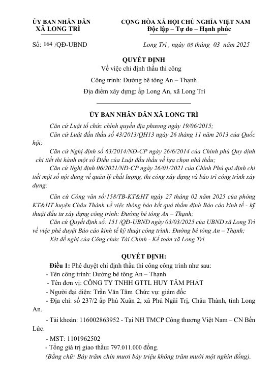 Long An: Duoc chi dinh 12 goi thau/nam, nang luc Cty Huy Tam Phat ra sao?