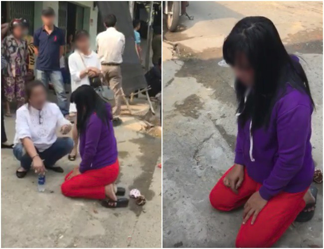 Cô bồ nhí bị đánh bầm mặt, quỳ gối xin lỗi sau khi cặp bồ còn lớn tiếng thách thức. Ảnh cắt từ clip.