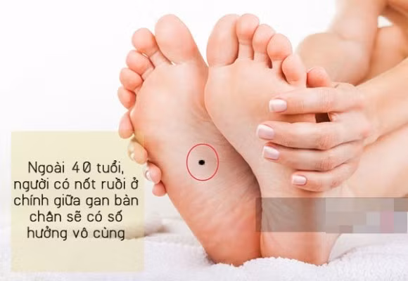 7. Nốt ruồi ở gan bàn chân Người nào may mắn có được nốt ruồi ở chính giữa gan bàn chân sẽ có số hưởng vô cùng: Được đi du lịch, làm ăn, công cán nước ngoài thường xuyên, sống trong nhung lụa, vinh hoa một đời. Trong công việc, họ là người có khả năng hô phong hoán vũ, trong gia đình họ là người cầm trịch mọi việc từ lớn đến bé! Tuy nhiên, những “ưu đãi” tuyệt vời này chỉ đến khi họ ngoài 40 tuổi mà thôi, nên trước đó vẫn cần phải cố gắng miệt mài và bền bỉ Nếu bạn là người chăm chỉ, cẩn thận và lại sở hữu nốt ruồi ở gan bàn chân thì xin chúc mừng, bạn là người quảng giao, đông bạn lắm bè. Bạn thành công trong sự nghiệp chủ yếu nhờ vào bằng hữu và quý nhân phù trợ!