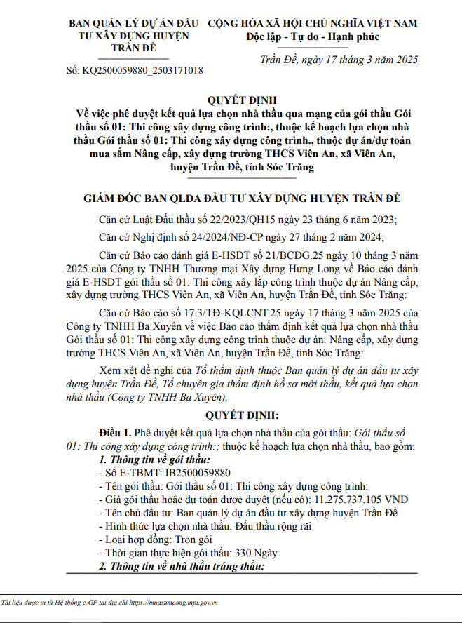 Sóc Trăng: Công bố nhà thầu thi công trường THCS Viên An Soc Trang: Cong bo nha thau thi cong truong THCS Vien An