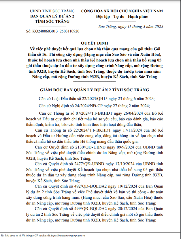 Soc Trang: Loai 5 doi thu, Cty xay dung DMA trung goi lam duong DT 932B