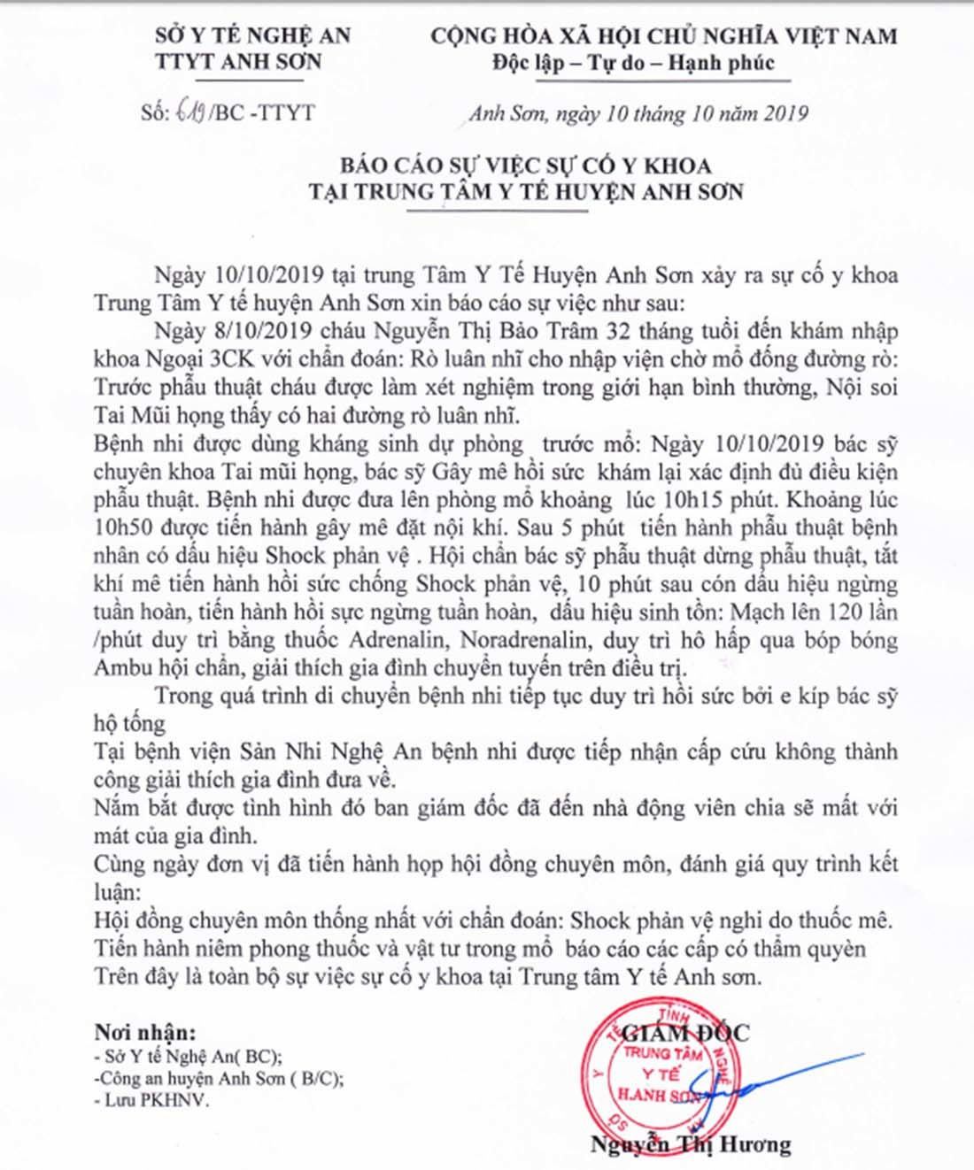 Báo cáo của Trung tâm Y tế huyện Anh Sơn về sự cố y khoa