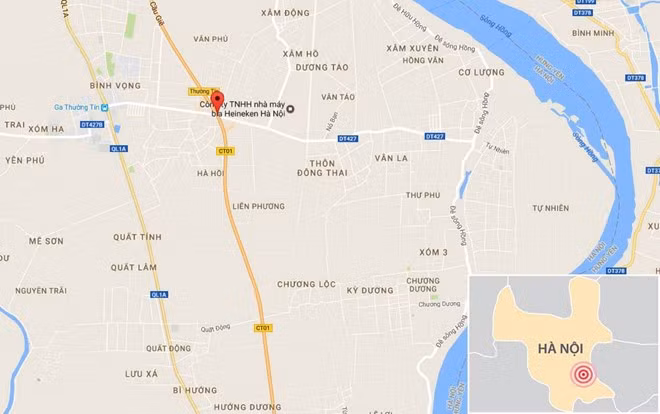 Hiện trường vụ tai nạn (chấm đỏ) thuộc địa phận xã Hà Hồi, huyện Thường Tín (Hà Nội) .