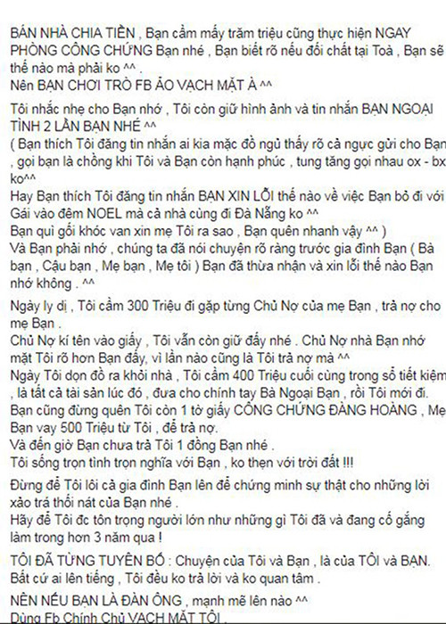 Lý Phương Châu phủ nhận lời tố cuỗm sạch tiền hậu ly hôn đồng thời khẳng định có bằng chứng tố Lâm Vinh Hải 2 lần ngoại tình. Trước những lời tố của vợ cũ, Lâm Vinh Hải luôn giữ im lặng.