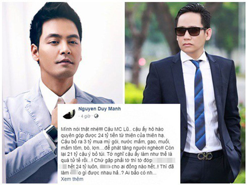 Duy Mạnh nhiều lần "đá xéo" Phan Anh quanh vấn đề từ thiện của nam MC. Nam ca sĩ từng ám chỉ Phan Anh chi 3 tỷ mua đồ tặng bà con vùng bão lũ và số tiền còn lại, nam MC bỏ túi riêng.