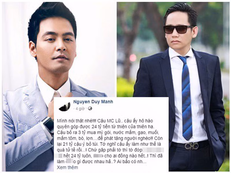 Duy Mạnh nhiều lần "đá xéo" Phan Anh quanh vấn đề từ thiện của nam MC. Nam ca sĩ từng ám chỉ Phan Anh chi 3 tỷ mua đồ tặng bà con vùng bão lũ và số tiền còn lại, nam MC bỏ túi riêng.
