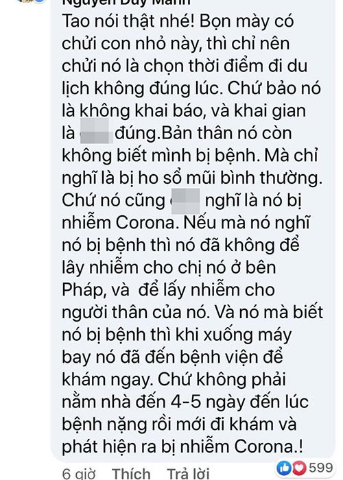 "Chỉ nên chửi cô này là chọn thời điểm đi du lịch không đúng lúc, chứ bảo là không khai báo, khai gian là không đúng", Duy Mạnh viết.