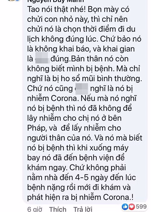 "Chỉ nên chửi cô này là chọn thời điểm đi du lịch không đúng lúc, chứ bảo là không khai báo, khai gian là không đúng", Duy Mạnh viết.