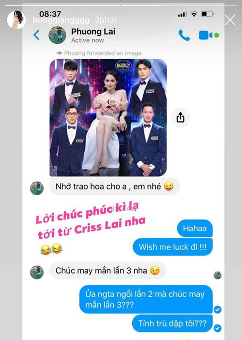 Mới đây, khi Hương Giang tham gia “Người ấy là ai” mùa 3, Criss Lai kỳ công ghép ảnh anh cùng các chàng trai sẽ xuất hiện trong chương trình và nhắn nhủ: “Nhớ trao hoa cho anh, em nhé”. Ngoài ra, không biết do vô tình hay cố ý, Criss Lai chúc tình cũ tiếp tục ngồi nữ chính lần 3.