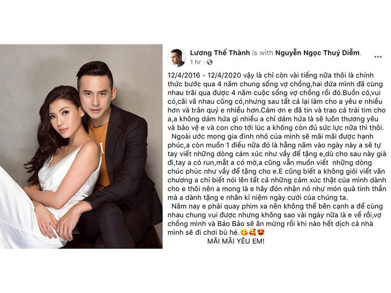 Kỷ niệm 4 năm ngày cưới, Lương Thế Thành không ngại viết lời ngôn tình dành cho Thúy Diễm.
