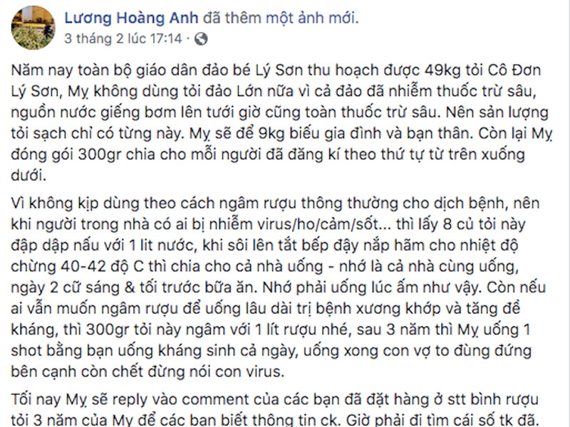 Thực tế, Lương Hoàng Anh không ít lần vướng ồn ào. Tháng 2/2020, vợ cũ của diễn viên Huy Khánh đăng ảnh, thông tin thất thiệt về sản phẩm tỏi Lý Sơn. Ảnh: PLO