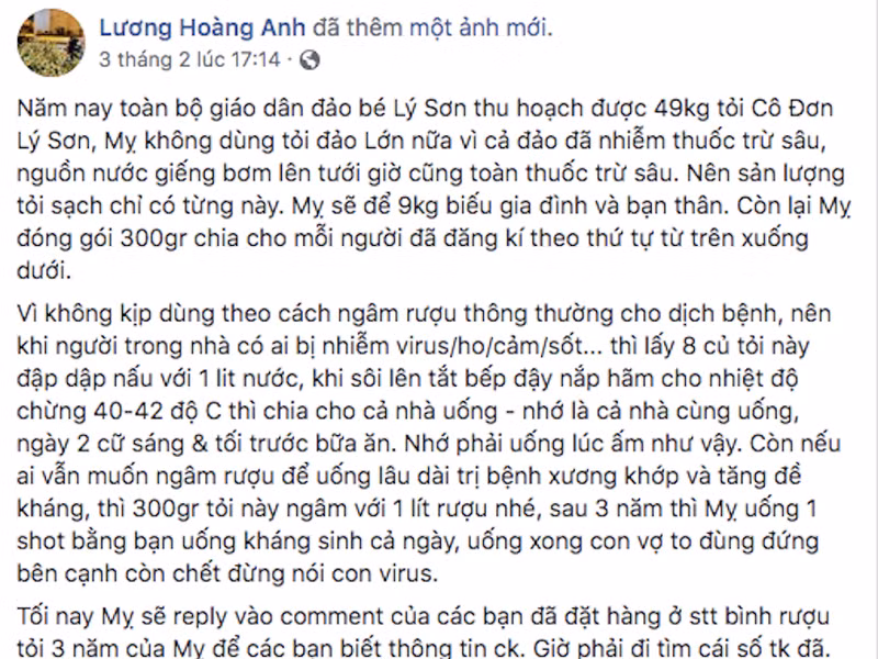 Thực tế, Lương Hoàng Anh không ít lần vướng ồn ào. Tháng 2/2020, vợ cũ của diễn viên Huy Khánh đăng ảnh, thông tin thất thiệt về sản phẩm tỏi Lý Sơn. Ảnh: PLO
