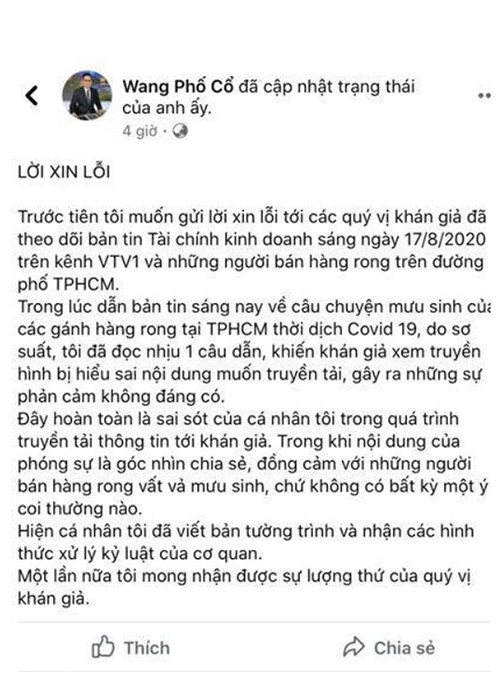 BTV VTV Anh Quang cũng nhận lỗi sai và nhấn mạnh nội dung của phóng sự là góc nhìn chia sẻ, đồng cảm với những người bán hàng rong vất vả mưu sinh chứ không có bất cứ ý coi thường nào. Trước Anh Quang, 2 BTV Minh Tiệp và Trương Việt Phong cũng vướng ồn ào.