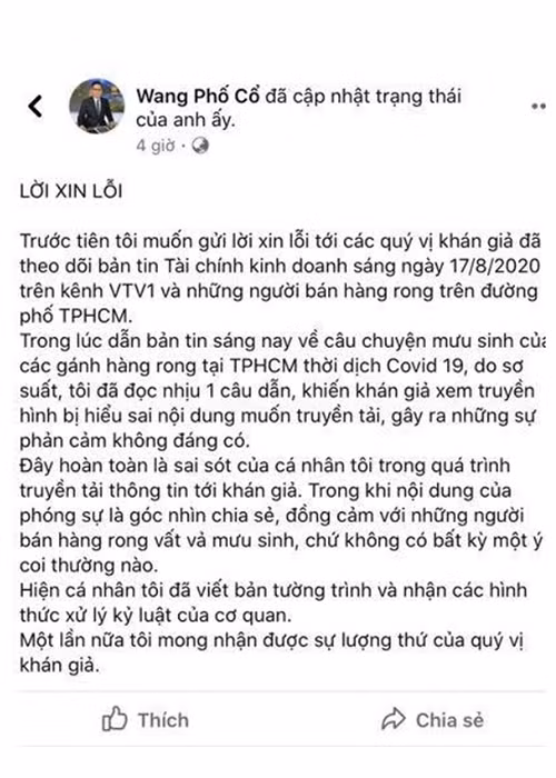 BTV VTV Anh Quang cũng nhận lỗi sai và nhấn mạnh nội dung của phóng sự là góc nhìn chia sẻ, đồng cảm với những người bán hàng rong vất vả mưu sinh chứ không có bất cứ ý coi thường nào. Trước Anh Quang, 2 BTV Minh Tiệp và Trương Việt Phong cũng vướng ồn ào.