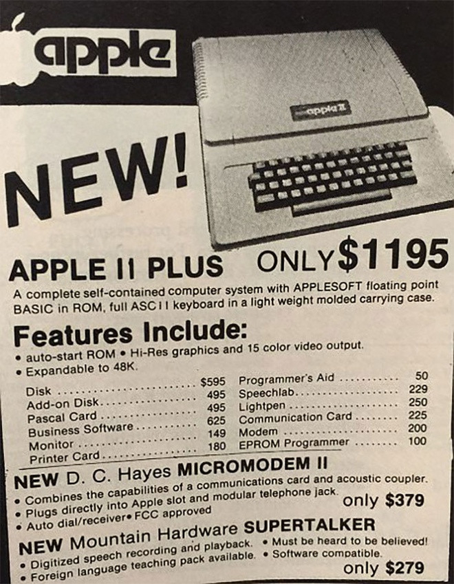 Máy tính Apple II Plus ra mắt năm 1979 là phiên bản nâng cấp của dòng máy tính cá nhân Apple II. Sản phẩm được bán vào thời điểm ấy với giá 1.195 USD, khá hợp lý so với các đối thủ. Apple bán được khoảng 300.000 chiếc Apple II Plus trong 4 năm trước khi thay thế bằng Apple IIe. Ảnh: BoredPanda.