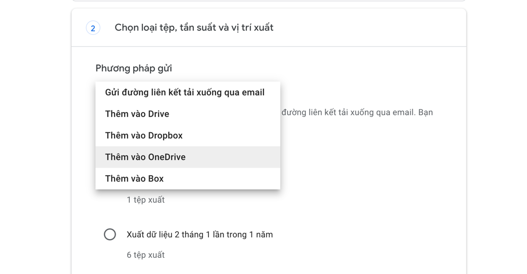 Bước 5: Bây giờ, bạn cần chọn phương thức nhận bản sao lưu. Bấm nút hình mũi tên hướng xuống nằm bên dưới phần Delivery methods (Phương pháp gửi) và bạn sẽ thấy các rất nhiều tùy chọn bao gồm gửi liên kết tải file qua email hoặc sao lưu nó vào Google Drive, Dropbox, hoặc OneDrive.