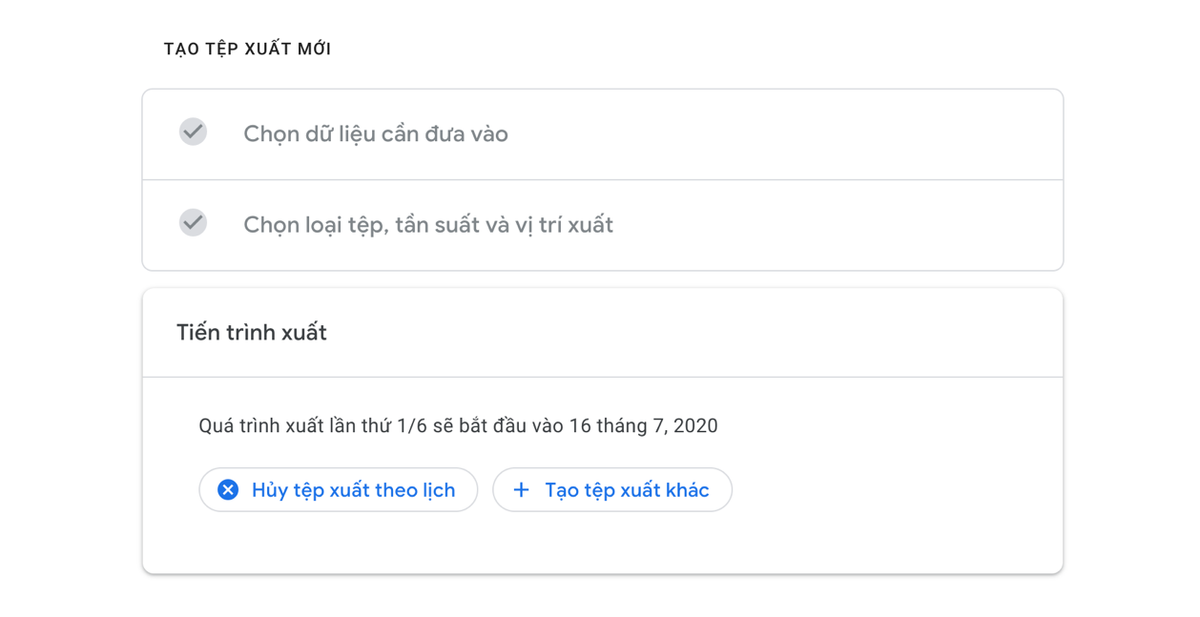 Bước 7: Quá trình sao lưu sẽ bắt đầu diễn ra. Thời gian sao lưu nhanh hay chậm tùy vào lượng email và dữ liệu bạn chọn, có thể vài giờ nhưng cũng có thể lên đến vài ngày hoặc thậm chí cả tuần. Bạn có thể bấm nút Cancel export (Hủy tệp xuất) để hủy sao lưu hoặc Create another export (Tạo tệp xuất khác) để tạo một bản sao lưu khác.