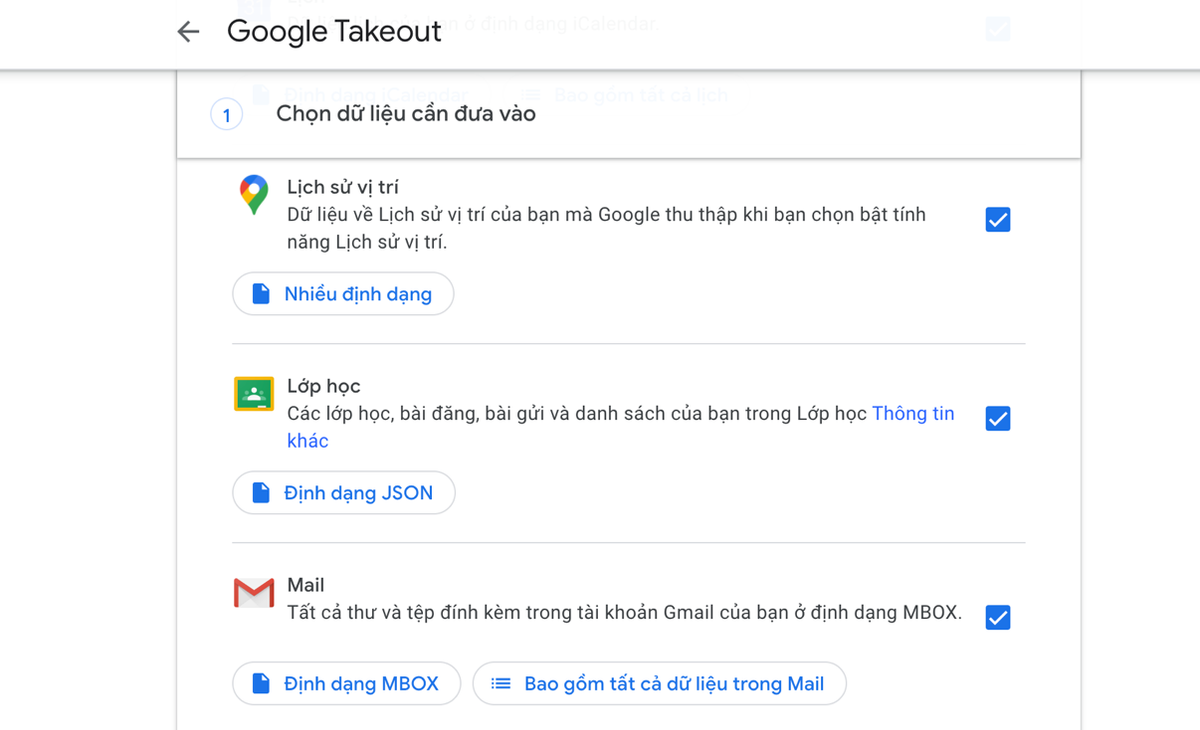 Bước 4: Thao tác này sẽ chuyển bạn đến trang Google Takeout. Tại đây, bạn đánh dấu chọn vào hộp kiểm Gmail và ứng dụng hay dữ liệu bất kỳ bạn muốn sao lưu.