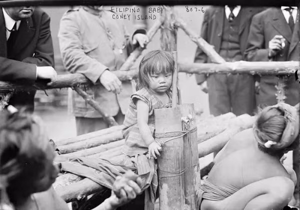 Trong ảnh là một trong những “điểm tham quan kỳ lạ” của vườn thú - một bé gái người Philippine bị trói tay vào một khúc gỗ. Từ cuối thế kỷ 19 và đầu thế kỷ 20, những “cuộc triển lãm” vô nhân đạo như vậy có thể được thấy ở Paris, Hamburg, Barcelona, London, Milan và New York.