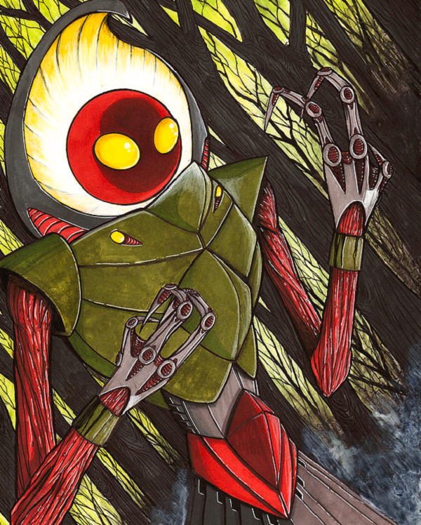 Cảnh tượng trở nên kinh hoàng hơn, khi Jean - một trong số các cậu bé, đã tận mắt chứng kiến một "sinh vật ngoài hành tinh" to lớn. "Nó có hình dạng người, nhưng cao gấp đôi chiều cao trung bình. Trên đầu là thứ gì đó màu tối, và nhọn ở trên, giống một cái mũ trùm". "Sinh vật có một khuôn mặt tròn, hơi đỏ, không có mũi hay miệng, nhưng nó có 2 mắt (hoặc ít nhất những gì họ nghĩ là mắt)".