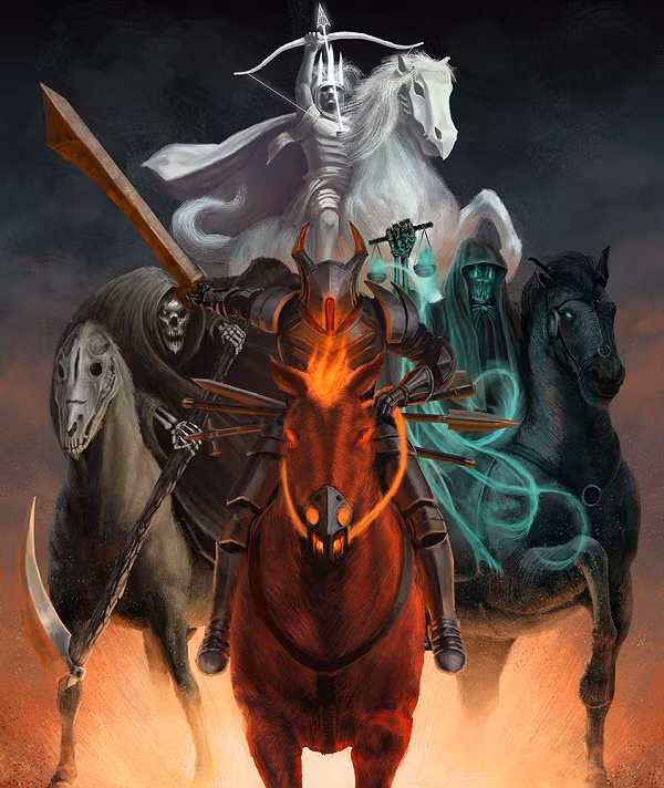 Việc của ông ta là thu thập những xác chết bị bỏ lại khi Chinh phạt/Dịch hạch, Chiến tranh và Nạn đói đã đi qua. Tất cả theo kỵ sĩ Death dẫn đường về Âm phủ. Tương truyền rằng một khi Death thức tỉnh, thì sẽ đem Địa ngục đến trần gian, trừng phạt tất cả những kẻ tội đồ trên mặt đất.