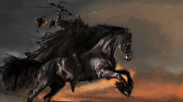 Thứ ba là Kỵ sĩ đen – The Black Horsemen: Gã kỵ sĩ thứ ba, kẻ mang cán cân và cưỡi con ngựa ô được cho là biểu tượng của Nạn đói. Tiếng kêu vang cho thấy giá lương thực đã tăng gấp mười lần bình thường.