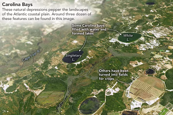 Để tìm ra nguyên nhân dẫn đến sự hình thành vùng địa chất kỳ lạ này, năm 1950, người ta bắt đầu đặt giả thuyết rằng có thể một trận mưa sao băng dữ dội đã hình thành nên các Vịnh Carolina.