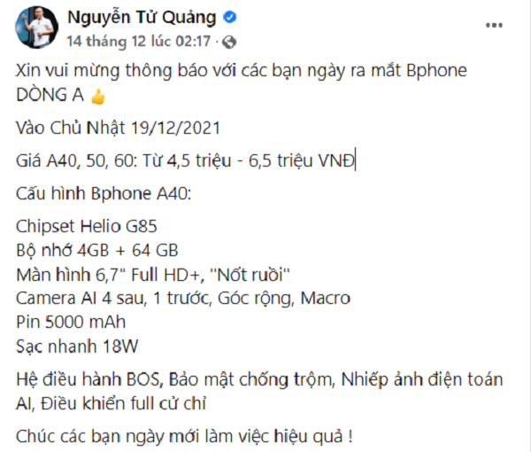 Tuy nhiên, trong bài đăng của mình, CEO Bkav chỉ tiết lộ cấu hình của chiếc smartphone giá thấp nhất. Theo đó, Bphone A40 được tích hợp chip xử lý MediaTek Helio G85, RAM 4 GB, bộ nhớ trong 64 GB.
