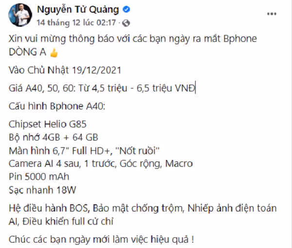 Tuy nhiên, trong bài đăng của mình, CEO Bkav chỉ tiết lộ cấu hình của chiếc smartphone giá thấp nhất. Theo đó, Bphone A40 được tích hợp chip xử lý MediaTek Helio G85, RAM 4 GB, bộ nhớ trong 64 GB.