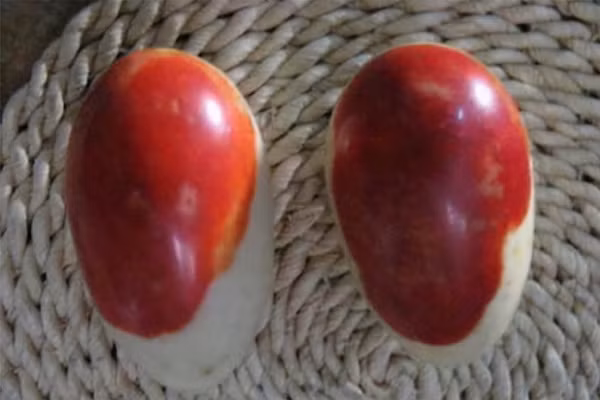 Loại đá này có hình dạng giống như quả trứng, nhưng lại có màu đỏ nên người ta thường gọi là đá trứng máu. Đá trứng máu là một trong 4 loại đá quý của Trung Quốc, vô cùng quý hiếm và thường được làm đồ chơi của các Hoàng đế trước đây.