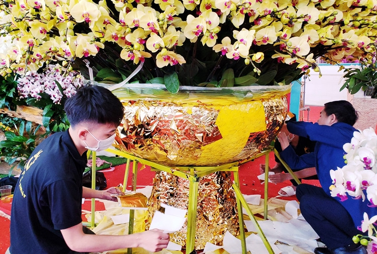 Như các chậu lan hồ điệp truyền thống, chậu lan được tạo hình tháp, với hàng nghìn cành lan vàng cắm đan xen.