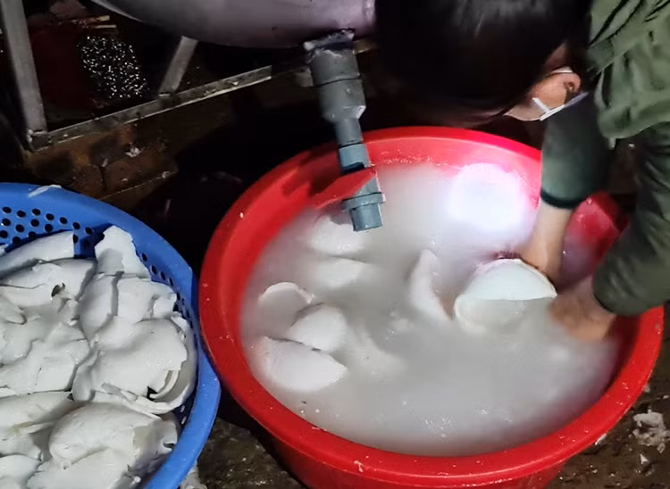 Cùi dừa được rửa sạch sẽ trước khi nạo và bán cho khách hàng.