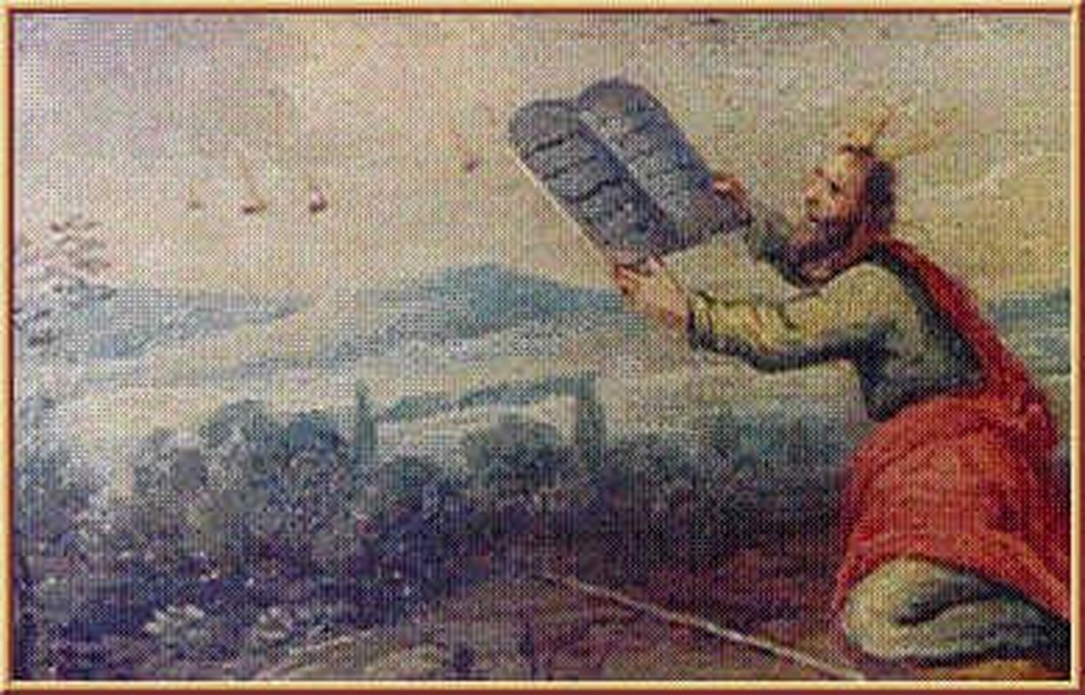 Trong bức tranh khắc gỗ không rõ niên đại được lưu giữ tại Bỉ này, nhà tiên tri Moses cầm trên tay một bảng điều khiển, ở phía xa là những UFO đang bay lượn. Bức tranh này củng cố giả thuyết của một số nhà nghiên cứu rằng, việc Moses làm cạn nước biển Đỏ tạo đường cho các con chiên đi qua là có thật, được thực hiện bằng các kĩ thuật của người ngoài hành tinh.