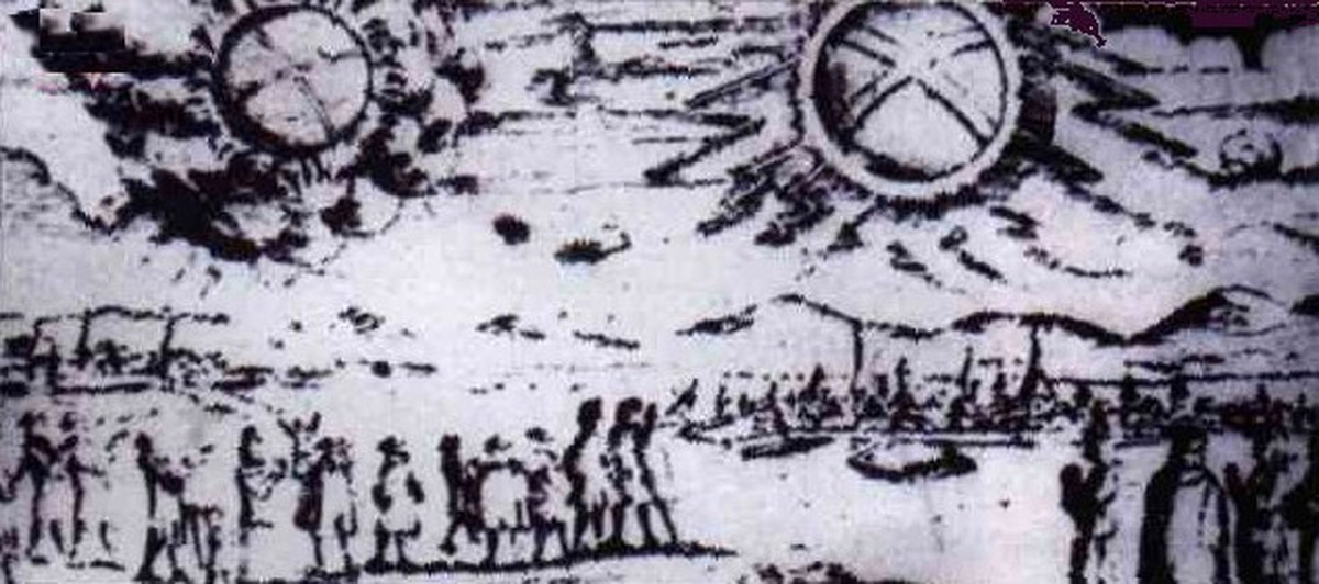 Bức tranh này mô tả 2 UFO xuất hiện trên bầu trời Hamburg, Đức ngày 4/11/1697. Hai UFO đã được mô tả như "bánh xe bay phát sáng".