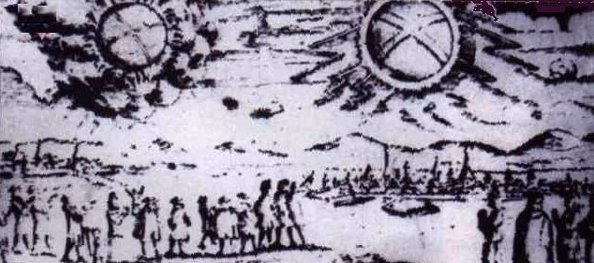Bức tranh này mô tả 2 UFO xuất hiện trên bầu trời Hamburg, Đức ngày 4/11/1697. Hai UFO đã được mô tả như "bánh xe bay phát sáng".