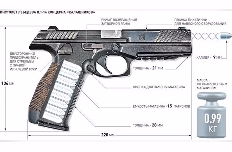 Súng lục PL-15 dài 220mm, cao 136mm, dày 28mm, chiều dài nòng súng 127mm. Súng sử dụng đạn 9x19mm, hộp đạn 15 viên, trọng lượng rỗng 0.8 kg và trọng lượng khi nạp đạn 0.99 kg.
