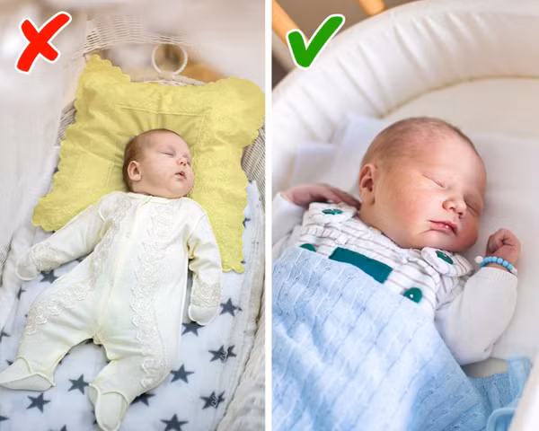 Gối sơ sinh. Gối là một trong những vật dụng tưởng lợi dễ gây nguy hiểm cho bé. Theo chuyên gia sức khỏe, người lớn dùng gối mang lại cảm giác thoải mái song trẻ sơ sinh lại không nên dùng chúng. Nguyên nhân bởi quá trình sử dụng, bé có thể vô tình úp mặt vào bề mặt mềm mại của gối gây khó thở, ngạt thở.