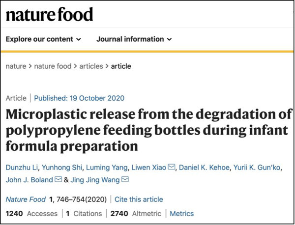 Bình sữa cũng có khả năng khiến trẻ đưa nhựa vào người. Năm 2020, Tạp chí Nature Food đề cập rằng trẻ sơ sinh có thể ăn hơn 16 triệu hạt vi nhựa trong mỗi lít sữa công thức dành cho trẻ sơ sinh được pha chế từ chai nhựa polypropylene.