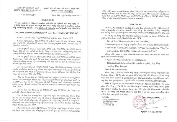 BR-VT: Goi thau sua chua truong hoc tai Xuyen Moc ve tay Tan Phuoc Thinh