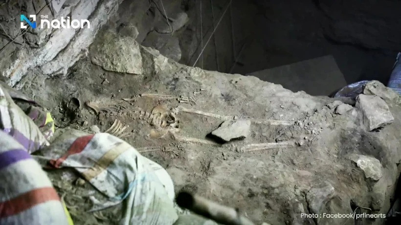 Theo các nhà nghiên cứu, thi hài của Pangpond được tìm thấy trong tư thế nằm ngửa, đầu hướng về phía Tây Nam. Điều này cho thấy đây một nghi lễ chôn cất có chủ đích. Ảnh: Nation Thailand.