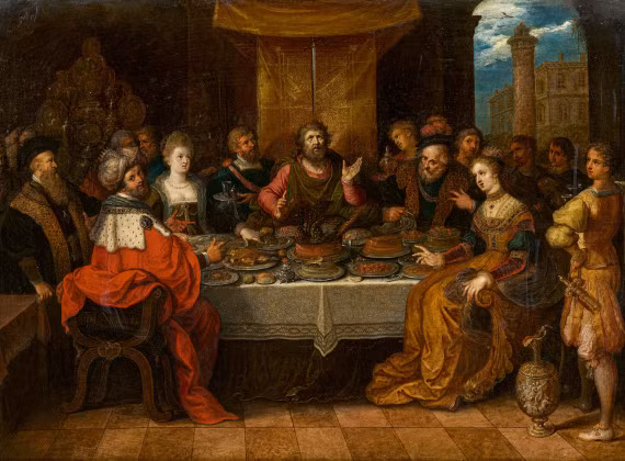 Damocles cảm thấy bản thân là người đàn ông may mắn nhất thế giới khi tận hưởng cuộc sống xa hoa, quyền lực của bậc đế vương. Thế nhưng, niềm vui của Damocles không kéo dài lâu. Ảnh: auction.van-ham.com.