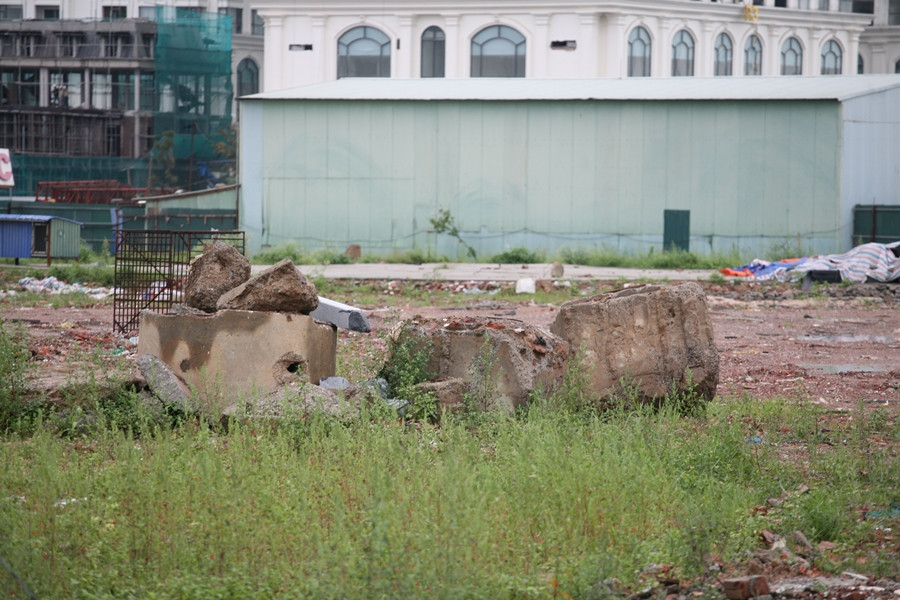 Phế thải xây dựng cùng với cỏ dại mọc um tùm.