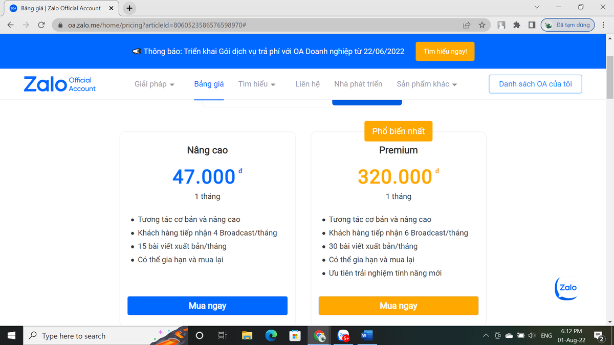 Thu phi nguoi dung, Zalo 