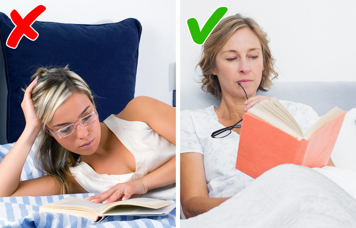 Nằm trên giường đọc sách: Điều này ảnh hưởng: mắt, tủy sống, da cổ. Khi đọc sách trên giường, bạn cần lưu ý: Không để sách quá gần mắt; Không cong lưng đọc sách, đừng căng cổ; Đừng nằm nghiêng chống tay đọc sách - bạn sẽ không thể giữ được khoảng cách cố định với sách, khiến mắt thêm mệt mỏi; Không nằm sấp đọc sách gây hại tủy sống. Tất cả các tư thế trên có thể dẫn đến những nếp nhăn trên cổ.