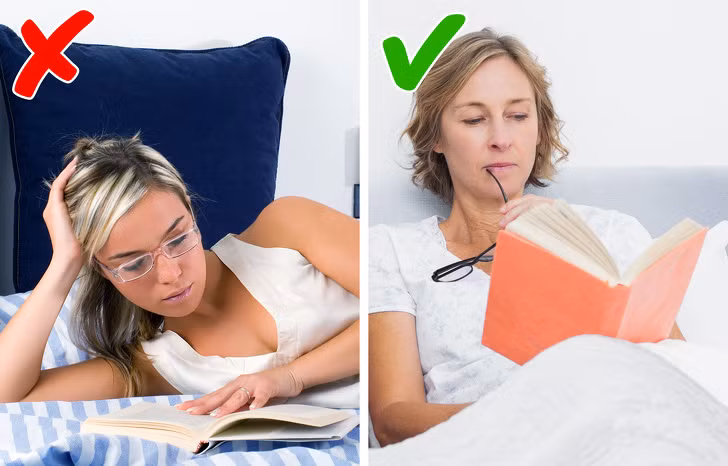 Nằm trên giường đọc sách: Điều này ảnh hưởng: mắt, tủy sống, da cổ. Khi đọc sách trên giường, bạn cần lưu ý: Không để sách quá gần mắt; Không cong lưng đọc sách, đừng căng cổ; Đừng nằm nghiêng chống tay đọc sách - bạn sẽ không thể giữ được khoảng cách cố định với sách, khiến mắt thêm mệt mỏi; Không nằm sấp đọc sách gây hại tủy sống. Tất cả các tư thế trên có thể dẫn đến những nếp nhăn trên cổ.