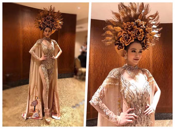 Trước đó cũng trong cuộc thi, Phương Khánh đã chiến thắng hạng mục Trang phục dân tộc đẹp nhất khu vực Châu Á - Thái Bình Dương. Bộ quốc phục này được lấy cảm hứng từ vị thần mặt trời, chiếc áo choàng của các vị nữ tướng Việt Nam và mấn được làm tỉ mỉ công phu. Ảnh: Zing.